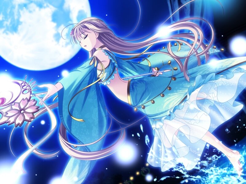 Anime Girl with Staff — Blue, Dramatic, Night, Moon