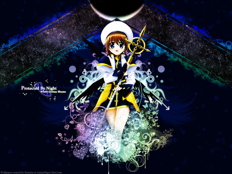 Anime Girl with Staff — Blue, Dramatic, Night, Wings