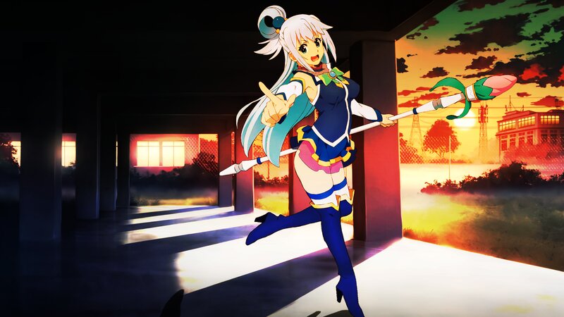 Anime Girl with Staff — Blue, Dramatic, Sunset, Building