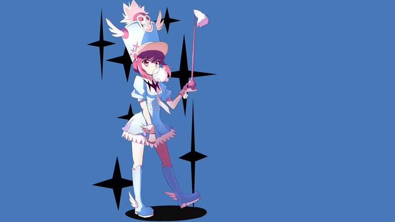 Anime Girl with Staff — Blue, Playful, Hat