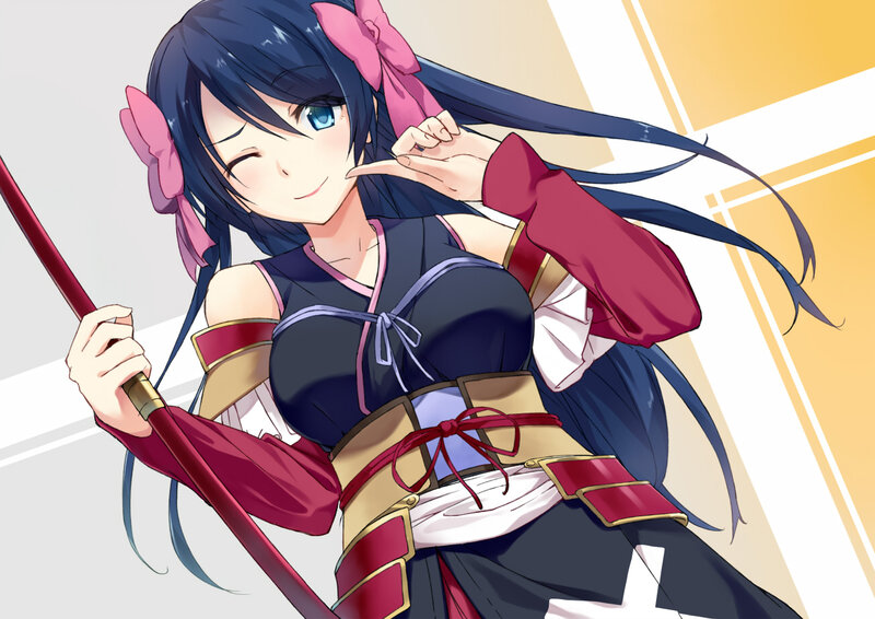 Anime Girl with Staff — Blue, Playful, Pink Bows