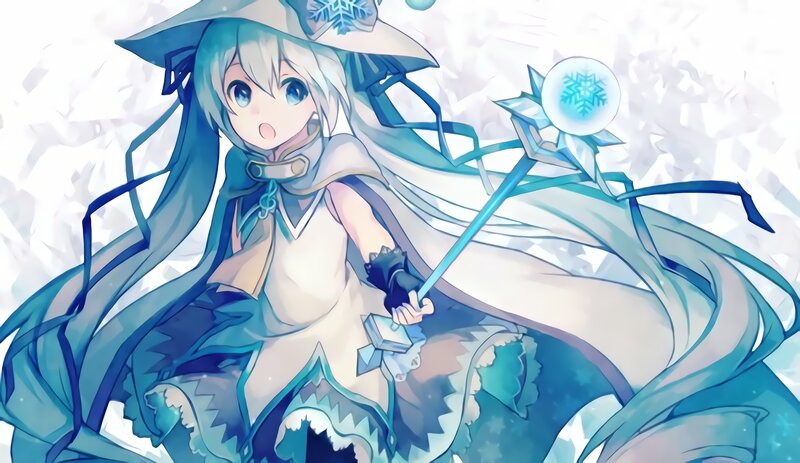 Anime Girl with Staff — Blue, Playful, Winter, Digital Art, Snowflake
