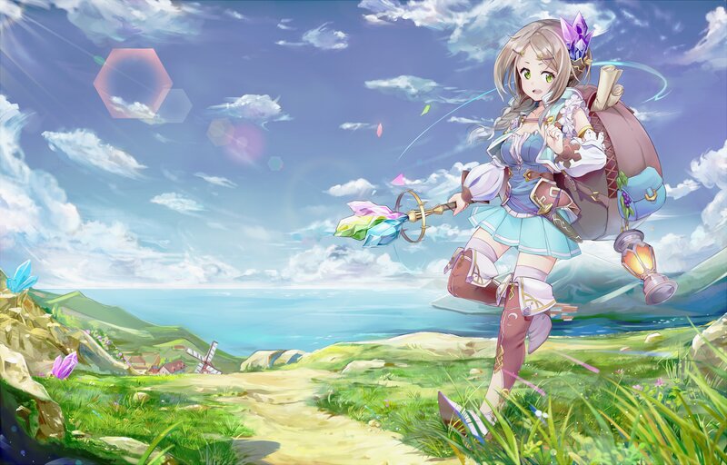 Anime Girl with Staff — Blue, Serene, Afternoon, Digital Art