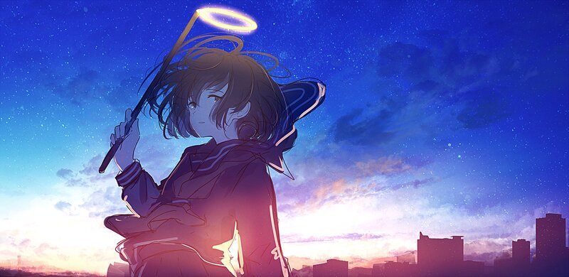 Anime Girl with Staff — Blue, Serene, Sunset