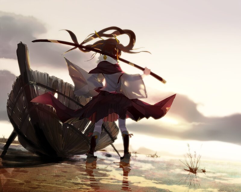 Anime Girl with Staff — Brown, Dramatic, Sunset, Digital Art