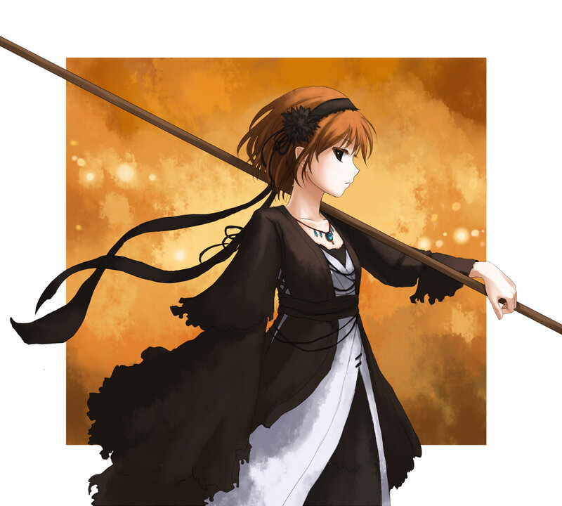 Anime Girl with Staff — Brown, Dramatic, Sunset