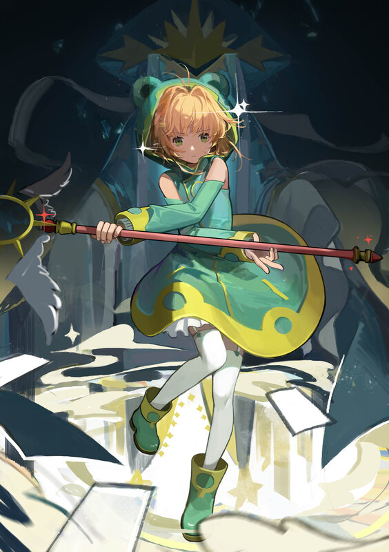 Anime Girl with Staff — Green, Dramatic, Night