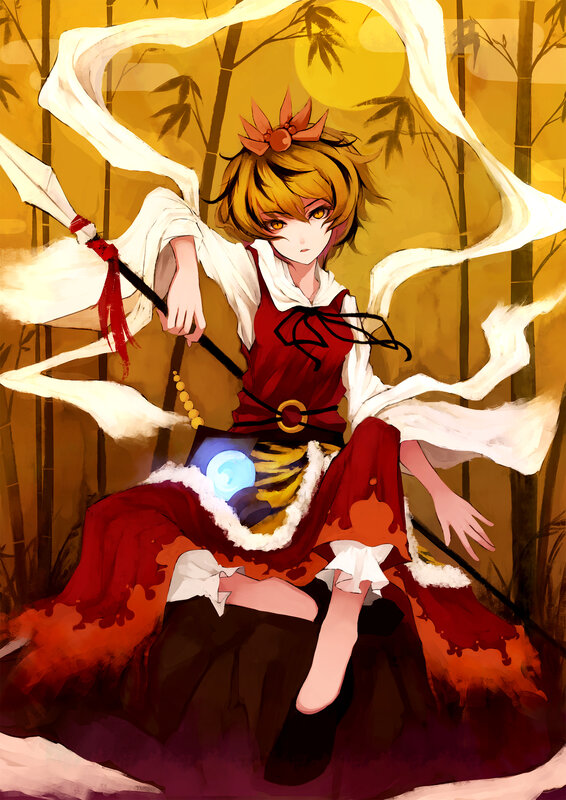Anime girl with staff in bamboo forest