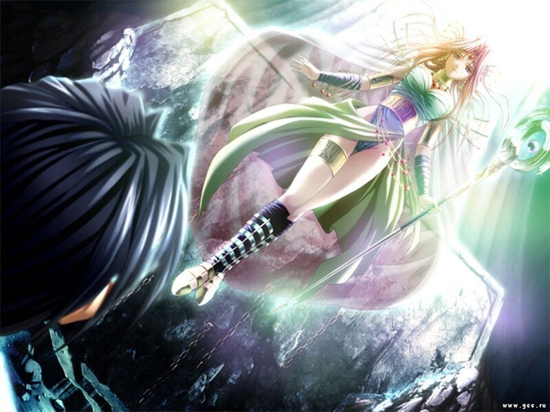 anime girl with staff in cave