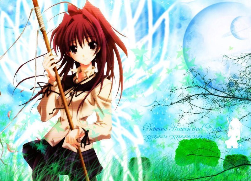 Anime girl with staff in field