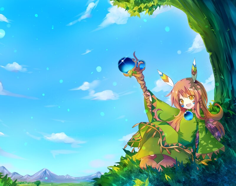 Anime girl with staff in forest
