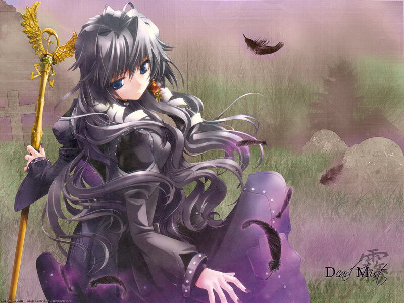 anime girl with staff in graveyard