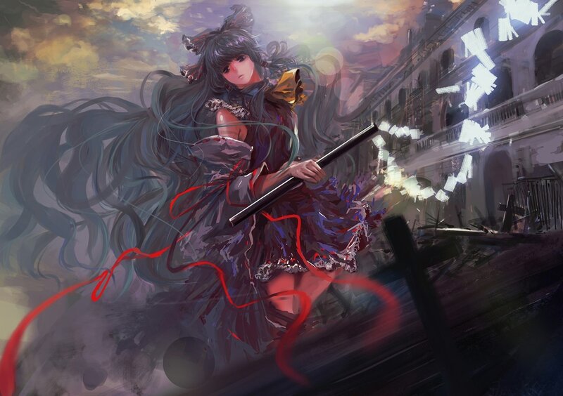 Anime girl with staff in ruins