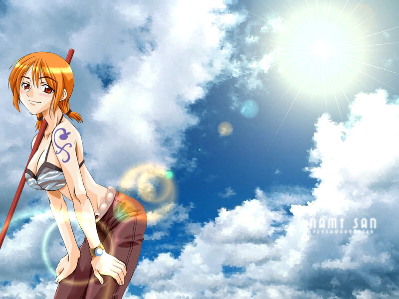 Anime girl with staff in sky