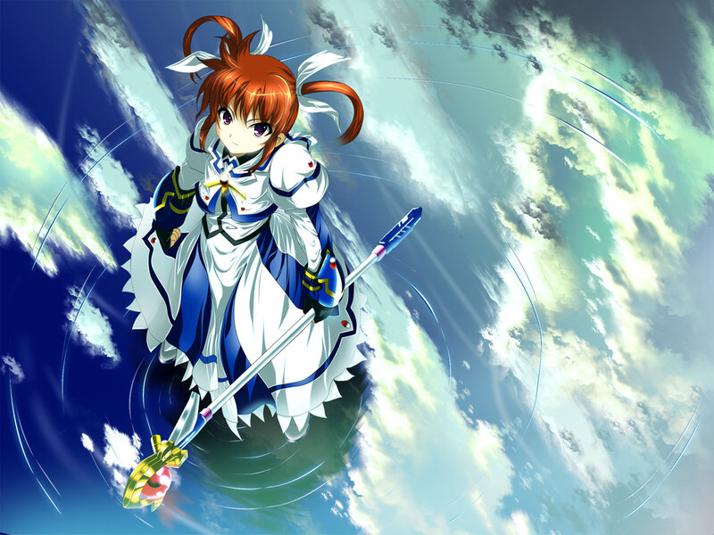anime girl with staff in sky
