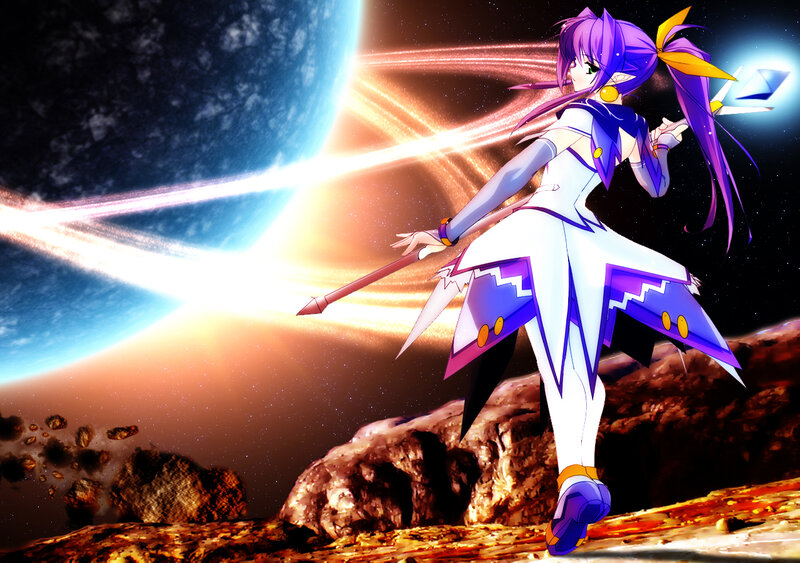 anime girl with staff on alien planet