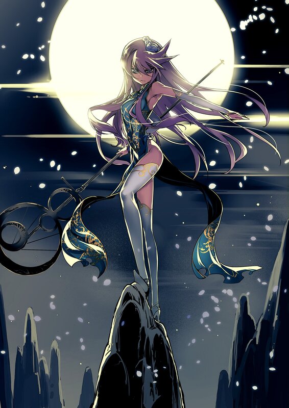 anime girl with staff on cliff