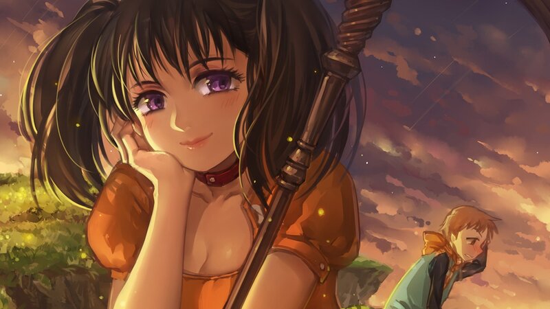 Anime Girl with Staff — Orange, Dramatic, Sunset, Digital Art, Boy