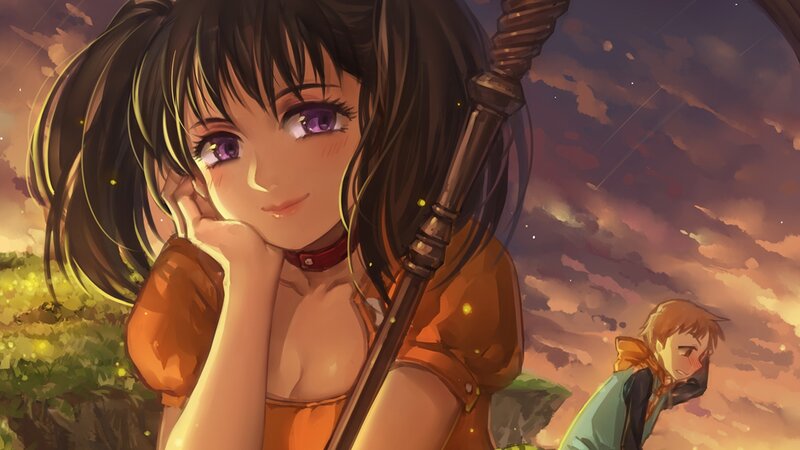 Anime Girl with Staff — Orange, Dramatic, Sunset, Digital Art