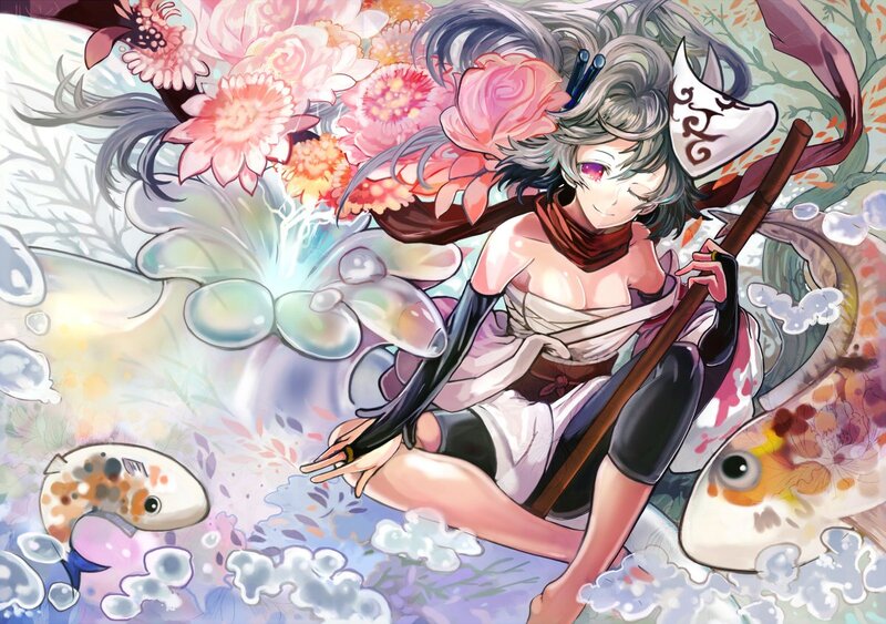 Anime Girl with Staff — Pink, Serene, Digital Art