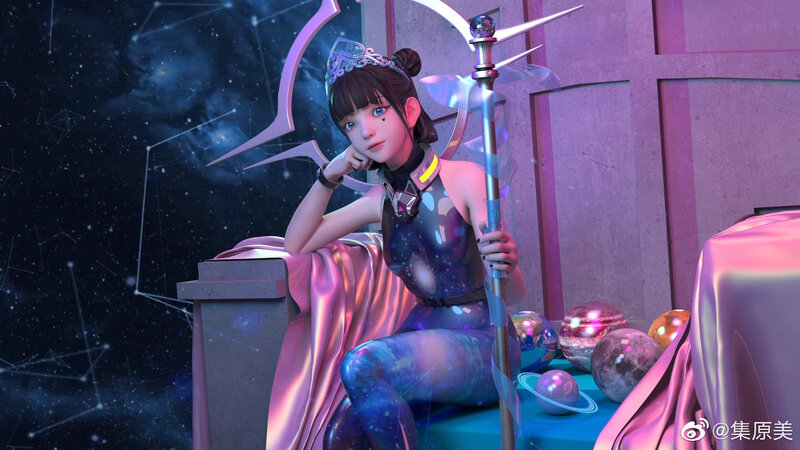 Anime Girl with Staff — Purple, Cosmic
