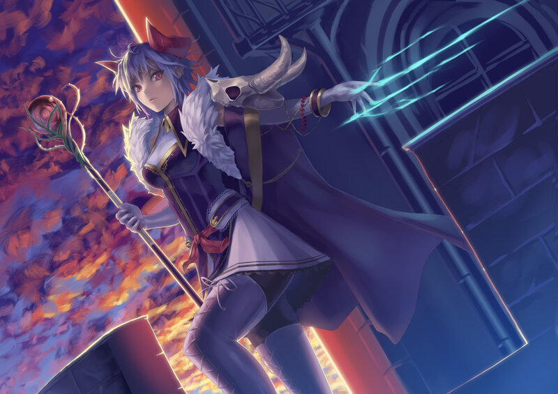 Anime Girl with Staff — Purple, Dramatic, Digital Art, Cape