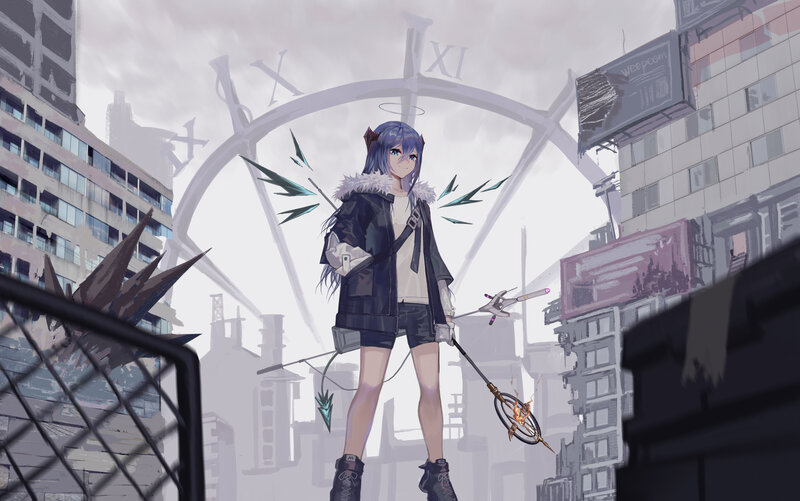Anime Girl with Staff — Purple, Dramatic, Digital Art, City Ruins