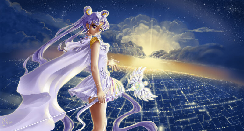 Anime Girl with Staff — Purple, Dramatic, Night, Digital Art, Clouds