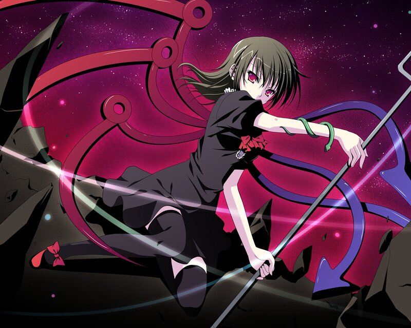 Anime Girl with Staff — Purple, Dramatic, Night, Space, Rocks