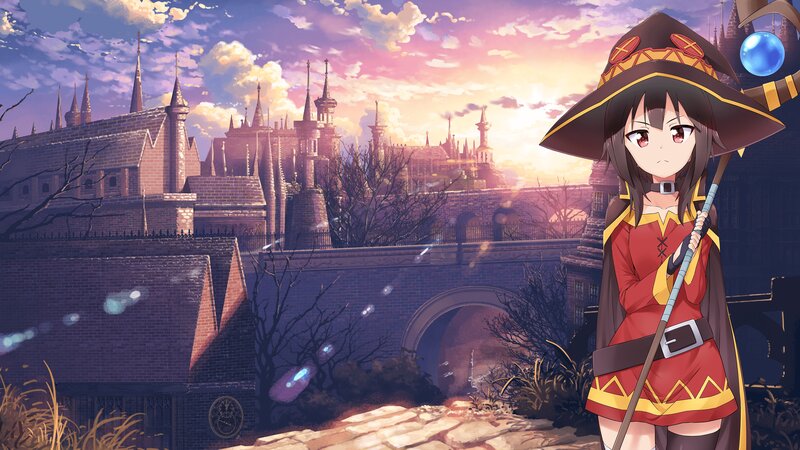 Anime Girl with Staff — Purple, Dramatic, Sunset, Digital Art, Castle