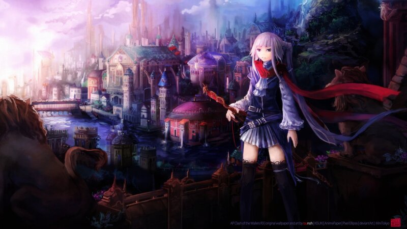 Anime Girl with Staff — Purple, Dramatic, Sunset, Digital Art, Cityscape