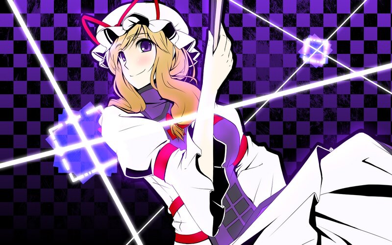 Anime Girl with Staff — Purple, Dynamic, Checkered Background