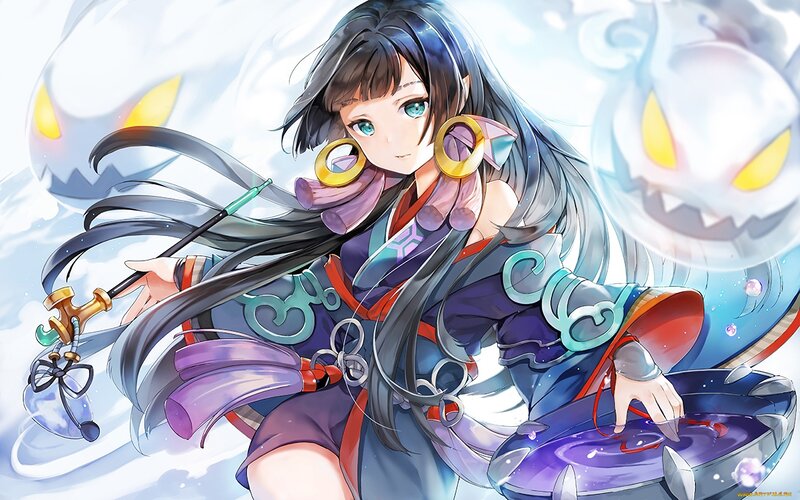 Anime Girl with Staff — Purple, Mystical, Digital Art