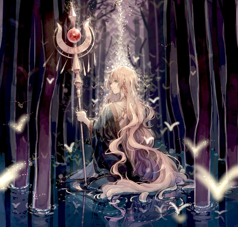 Anime Girl with Staff — Purple, Serene, Night, Digital Art
