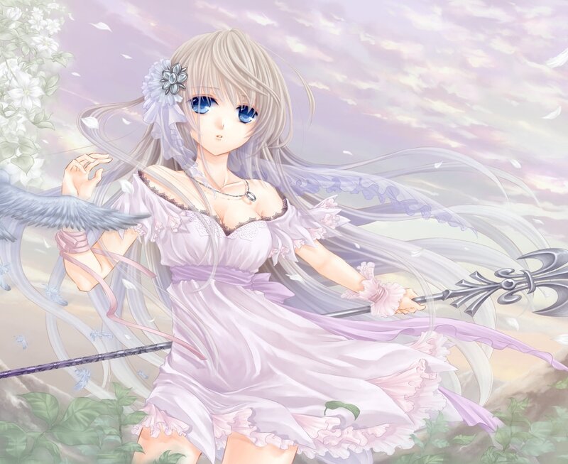 Anime Girl with Staff — Purple, Serene, Sunset, Digital Art