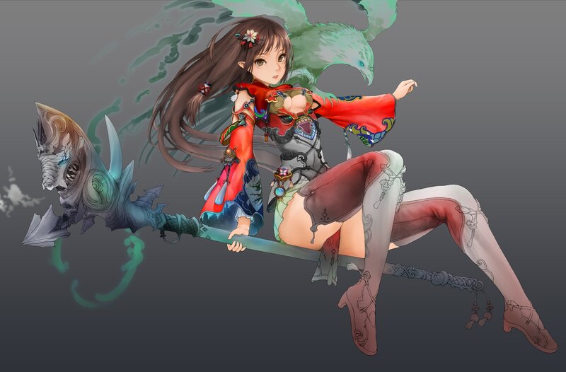 Anime Girl with Staff — Red, Dramatic, Digital Art, Bird