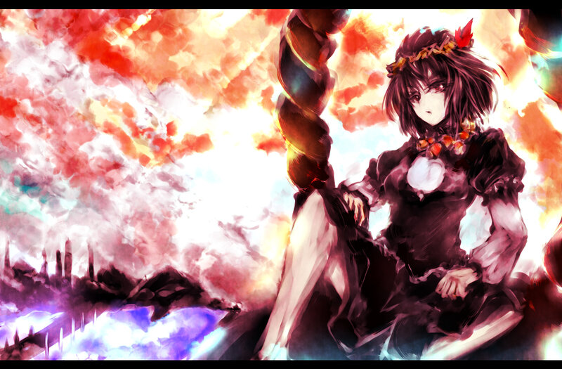 Anime Girl with Staff — Red, Dramatic, Digital Art, Fire, Skull