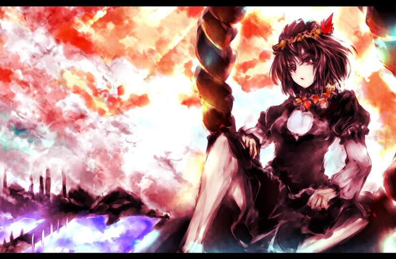 Anime Girl with Staff — Red, Dramatic, Digital Art, Fire