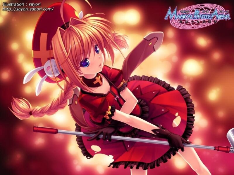 Anime Girl with Staff — Red, Dramatic, Digital Art