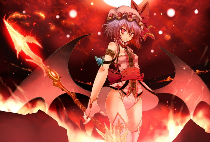 Anime Girl with Staff — Red, Dramatic, Digital Art, Wings