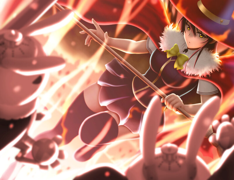 Anime Girl with Staff — Red, Dramatic, Hat