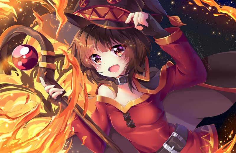 Anime Girl with Staff — Red, Dramatic, Night, Digital Art, Fire