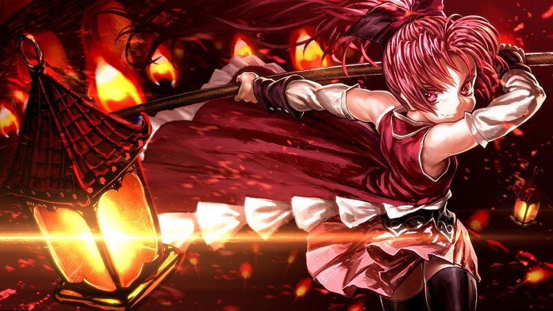 Anime Girl with Staff — Red, Dramatic, Night, Digital Art