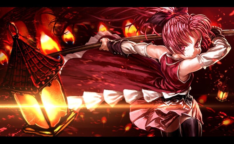 Anime Girl with Staff — Red, Dramatic, Night, Lanterns