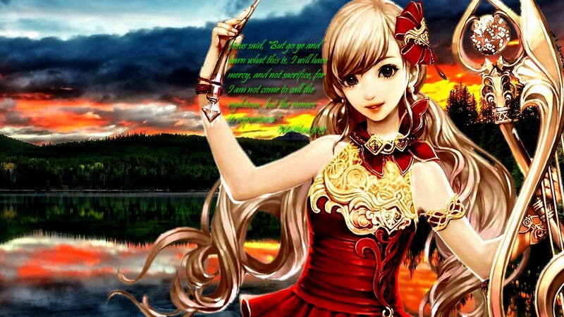 Anime Girl with Staff — Red, Dramatic, Sunset, Digital Art
