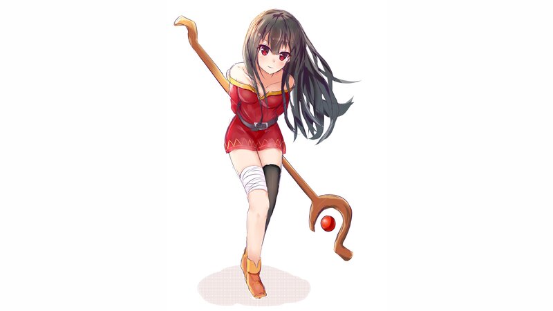 Anime Girl with Staff — Red, Playful, Red Dress