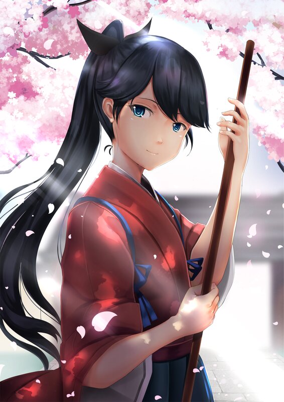 Anime Girl with Staff — Red, Serene, Spring