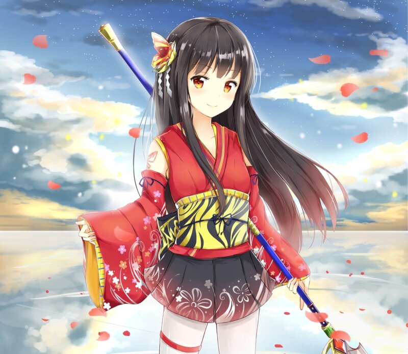 Anime Girl with Staff — Red, Serene, Sunset