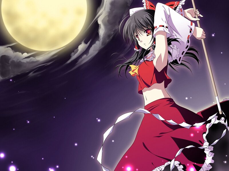 anime girl with staff under moon