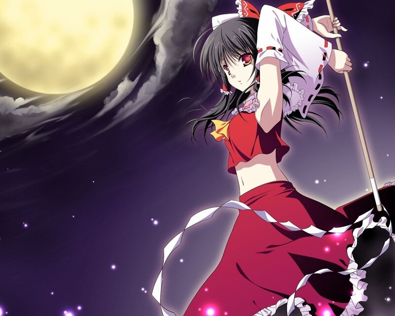 anime girl with staff under moon